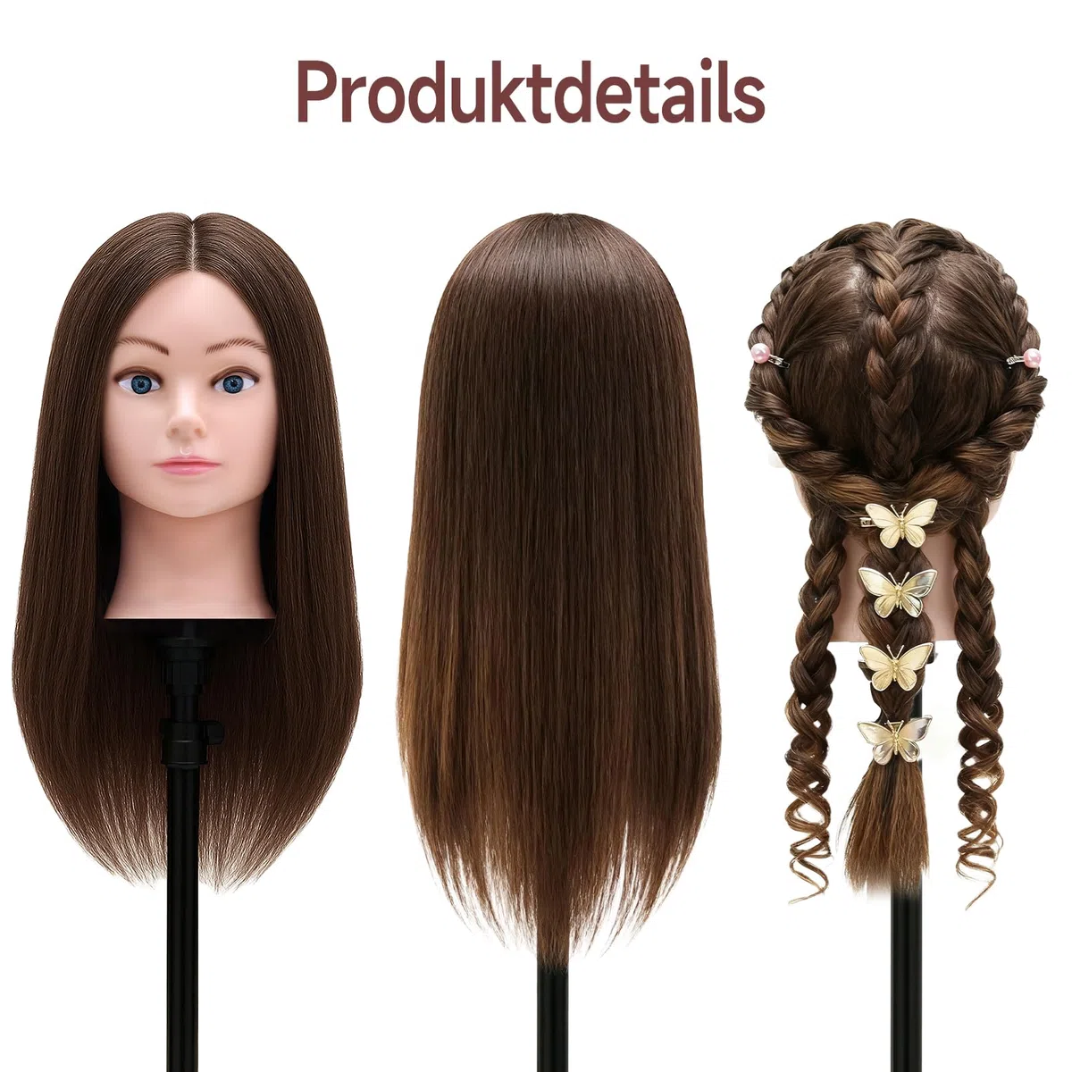 TwoWin Friseurkopf 20 Zoll 50.8 cm 100% Echthaar Mannequin Kopf Übungskopf Haar Friseur Trainingsköpfe Styling Friseurpraxis Braun