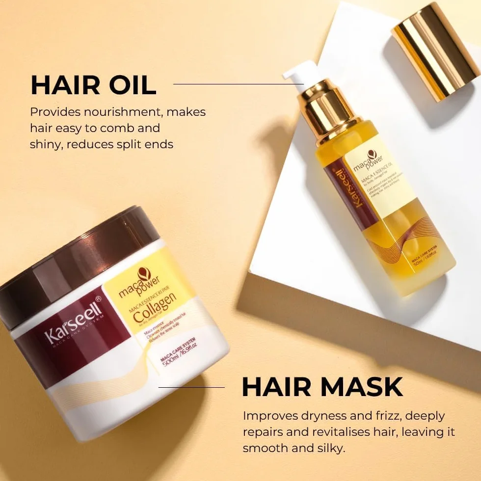 Karseell Maca Essenz Reparatur Set, Kollagen Haarmaske & Haaröl Tiefenreparatur Haarpflege für Trockenes Geschädigtes Haar Alle Haartypen 500ml + 50ml