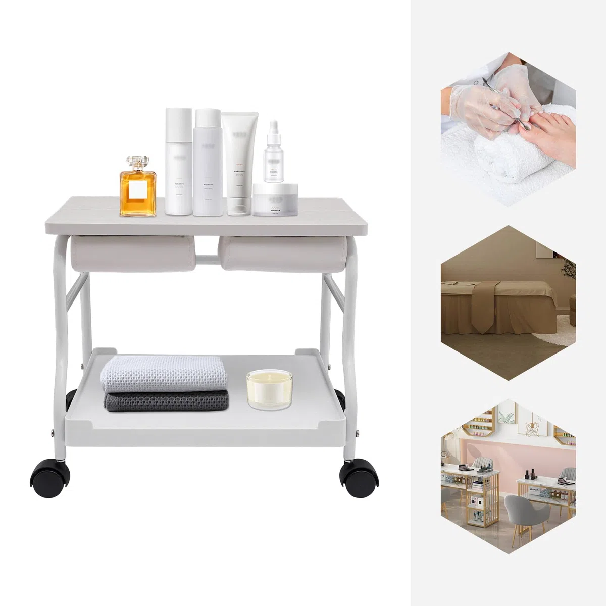 Fußbad Spa Tragbar Trolley, mit Zusammenklappbarer Tischplatte und Klein Lenkrollen, Fußstütze Pediküre Maniküre Funiture Massage Tisch Salon für Fußbäder, Fußmaniküre, Fußmassagen
