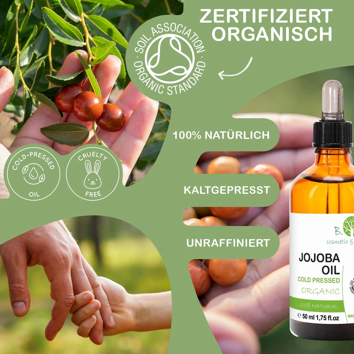Jojobaöl - Bio Rein Kaltgepresst, Gesichtsöl, Körperöl, Massageöl, Bart, Haar Öl, Wimpern Haut Öl, Lippen Kopfhaut Öl, Nägel Öl, Öl für die Augenpartie, Wasserfester Make-up-Entferner - 1000 ml