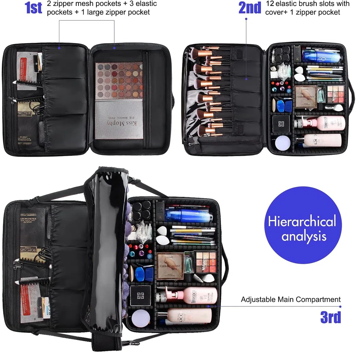 Relavel Extra Groß Make-up-Koffer, Professionelle Make-up-Tasche für Reisen & Visagisten, Tragbare Nagel-Kosmetikbox mit verstellbaren Fächern, Trolley-Anschluss & Schultergurt (Schwarz)