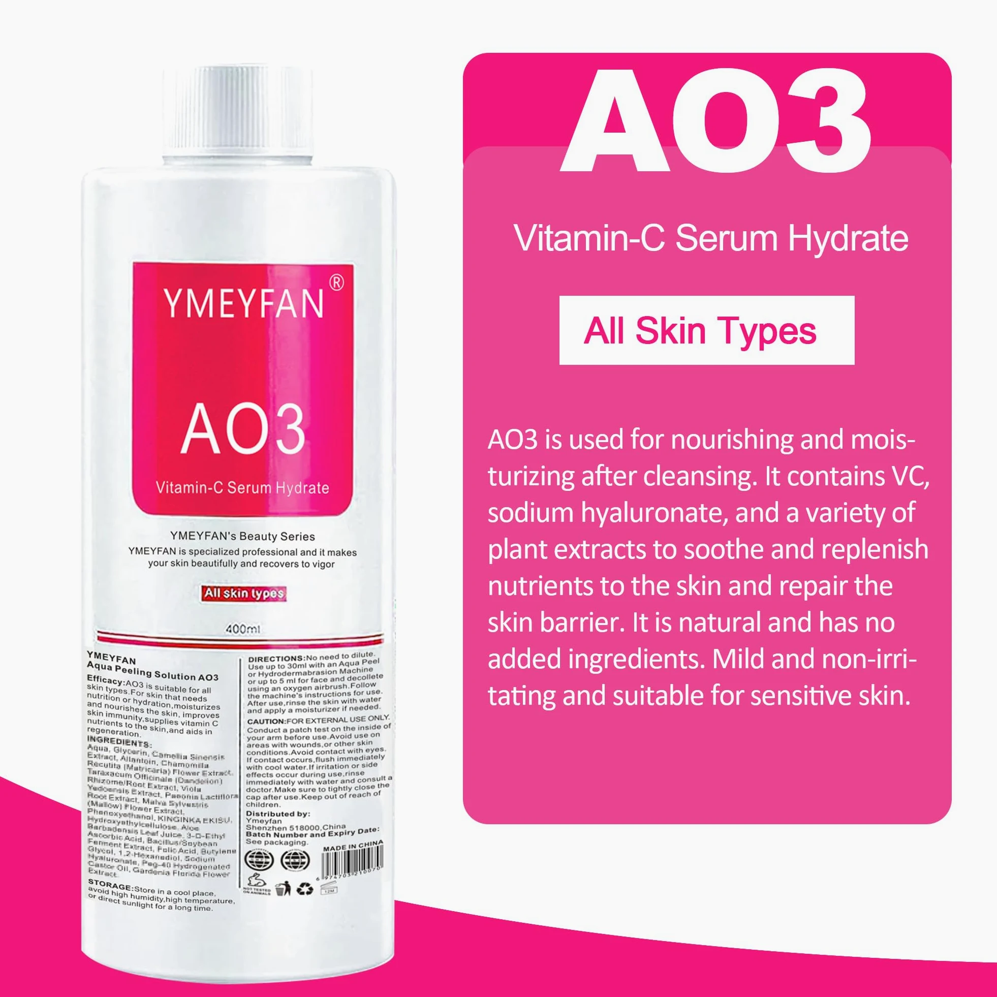 YMEYFAN Aquafacial Lösungen(English Ver.), AS1 SA2 AO3 Aqua Peeling Solution für Professionelle aqua facial gerät, Hydra Gesichtsbehandlung lösung, reinigendes, Peeling (400 ml/3 Flaschen)