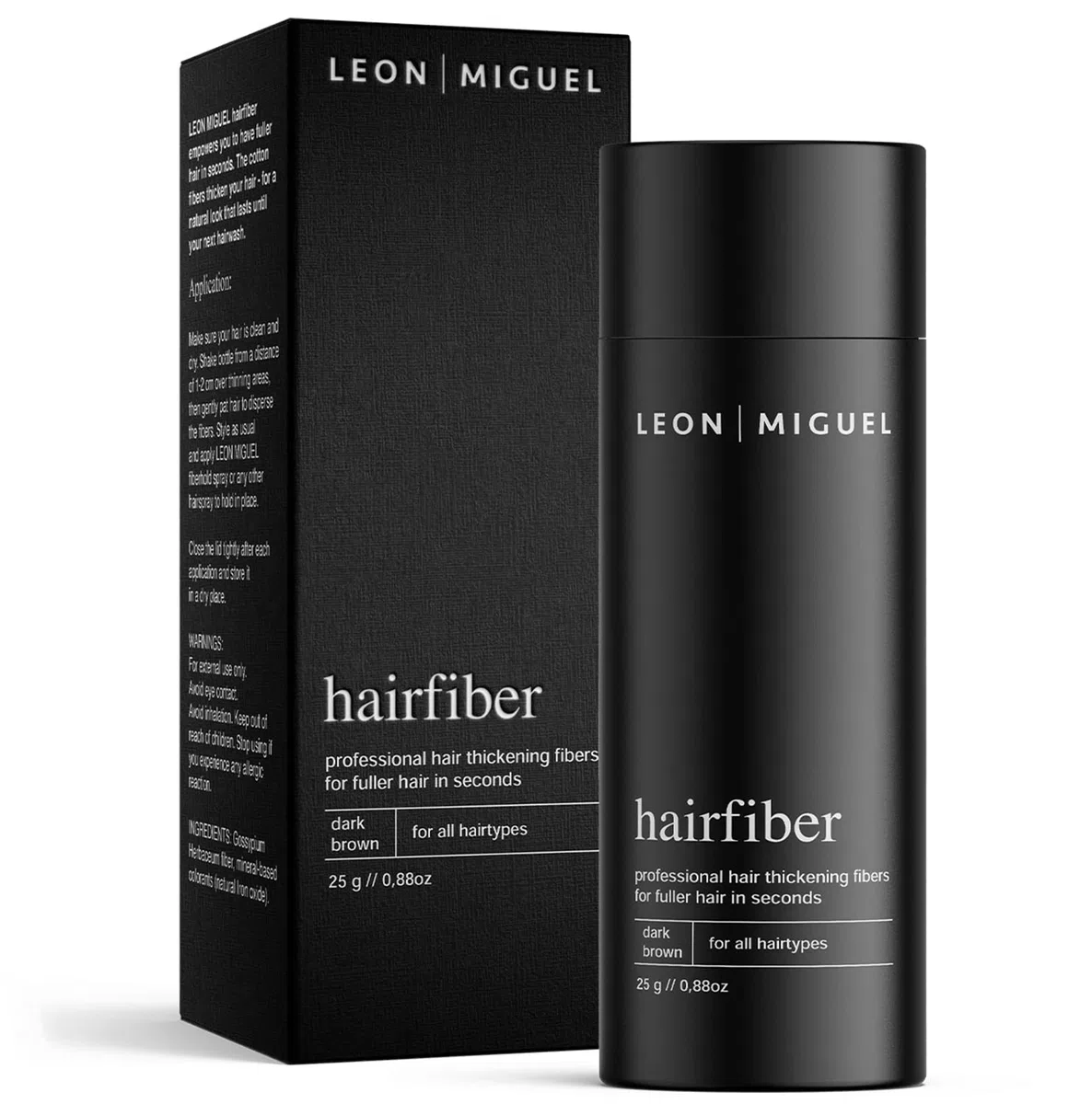 LEON MIGUEL Hair Fiber - Haarverdichtung - Premium Streuhaar/Schütthaar mit Soforteffekt bei Geheimratsecken, Haarausfall und lichtem Haar - Haarpuder | 25g (Dunkelbraun)
