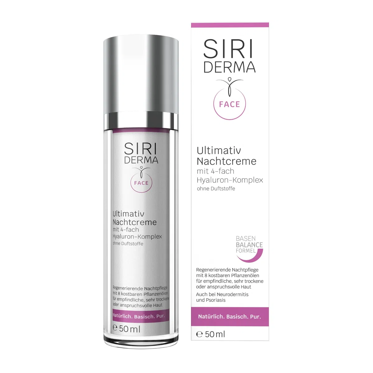 SIRIDERMA Ultimativ Nachtcreme | Basische Anti-Aging Gesichtscreme | Hyaluron und 8 Pflanzenöle | Vegan (ohne Parfum, 50 ml)