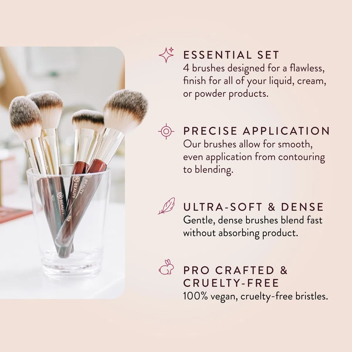 BK BEAUTY Essentials Gesichtspinsel-Set (4PC), 100% tierversuchsfrei, vegan, weichstes Make-up-Pinsel-Set mit 4 Gesichtspinseln