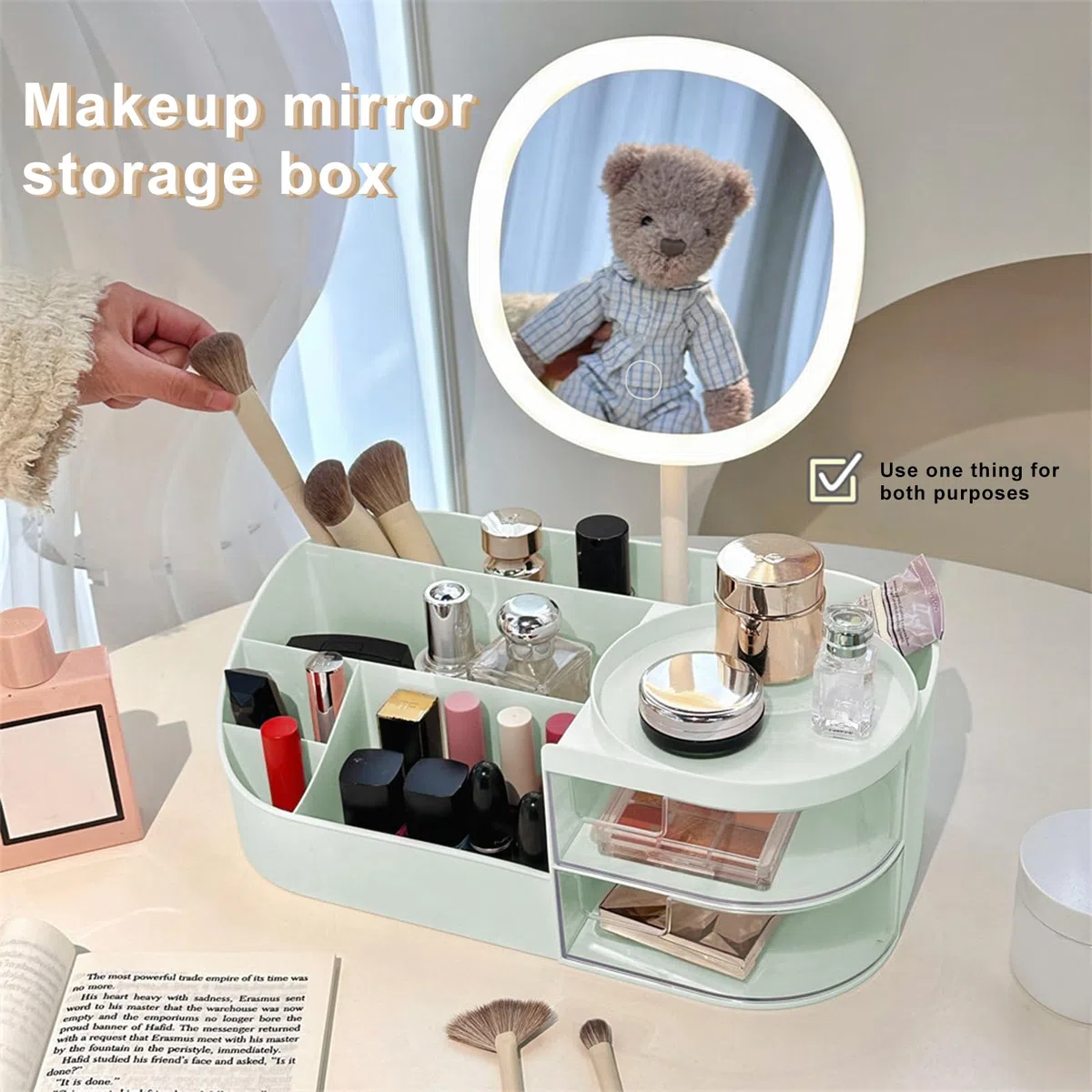DASITON Make up Organizer mit Spiegel,Make up Pinselhalter mit 2 Schubladen,Multifunktionale Makeup Organizers Kosmetikaufbewahrung,Große Kosmetik Schminke Organizer für Schlafzimmer,Badezimmer(Grün)