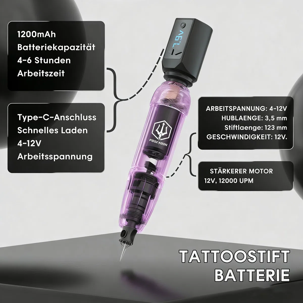 POSEIDON Kabelloses Tattoo-Pen-Set mit 2 langlebigen Akkus & komplettem Starter-Zubehör | Professionelle kabellose Tattoo-Maschine für Anfänger | Inklusive 20 Nadeln, Farben, Übungshaut