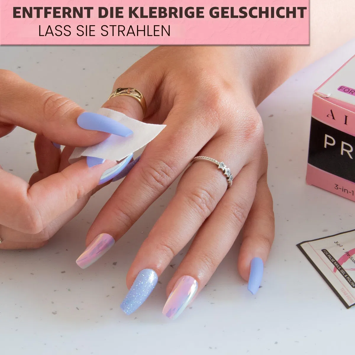 AIRRE 50 Professionelle Alkohol Prep & Shine Nail Wipes (3in1) Alkoholtücher für Gelnägel, Acrylnägel, Press on Nails & Tips Entfernt klebrige Gelschichtrückstände, Bereitet UV/LED Gellack & Falsche