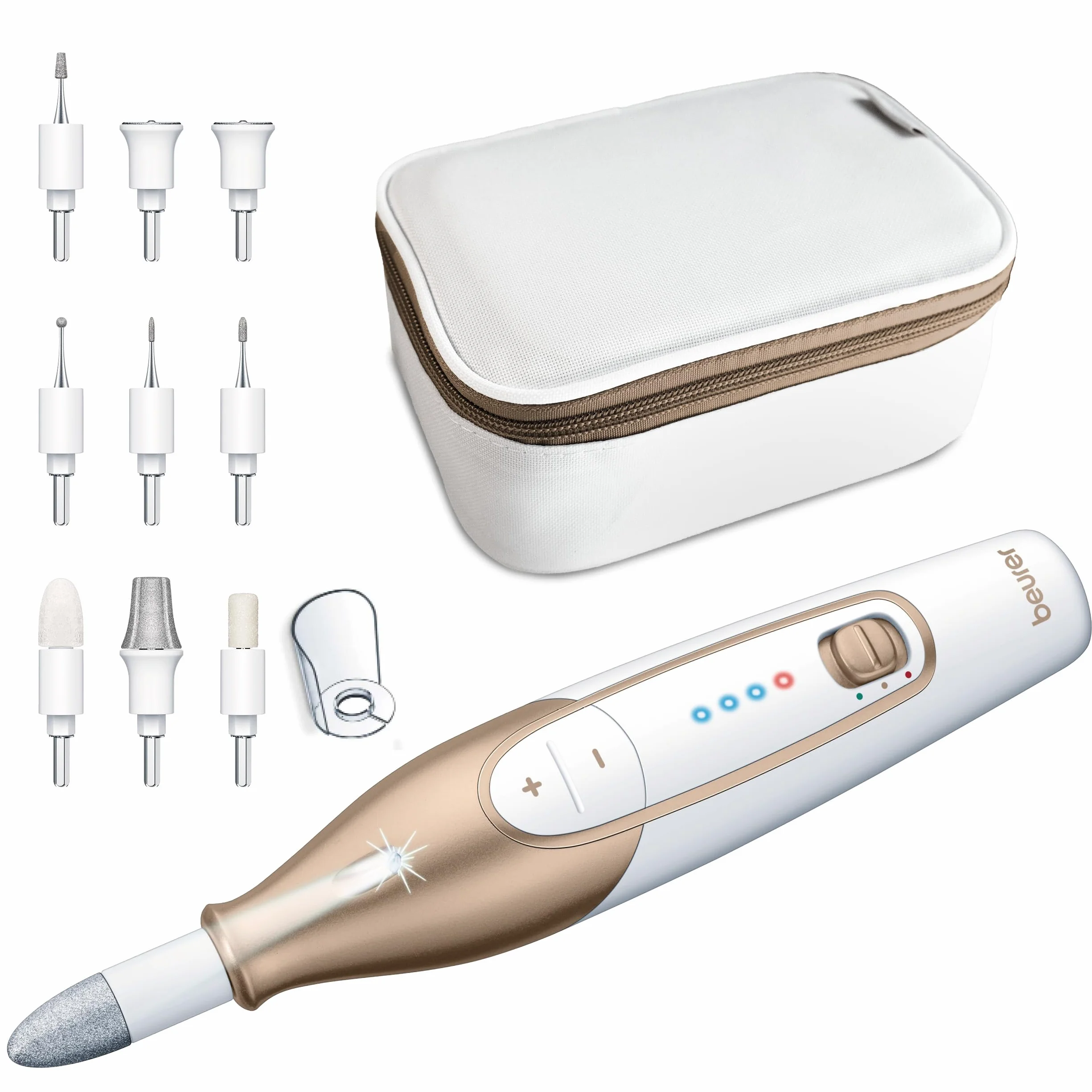 Beurer MP 64 Maniküre/Pediküreset, elektrisches Nagelpflegeset mit Akku, 10 Aufsätze zur Nagelpflege für schöne Hände und Füße, mit LED Licht, Einheitsgröße, White and gold