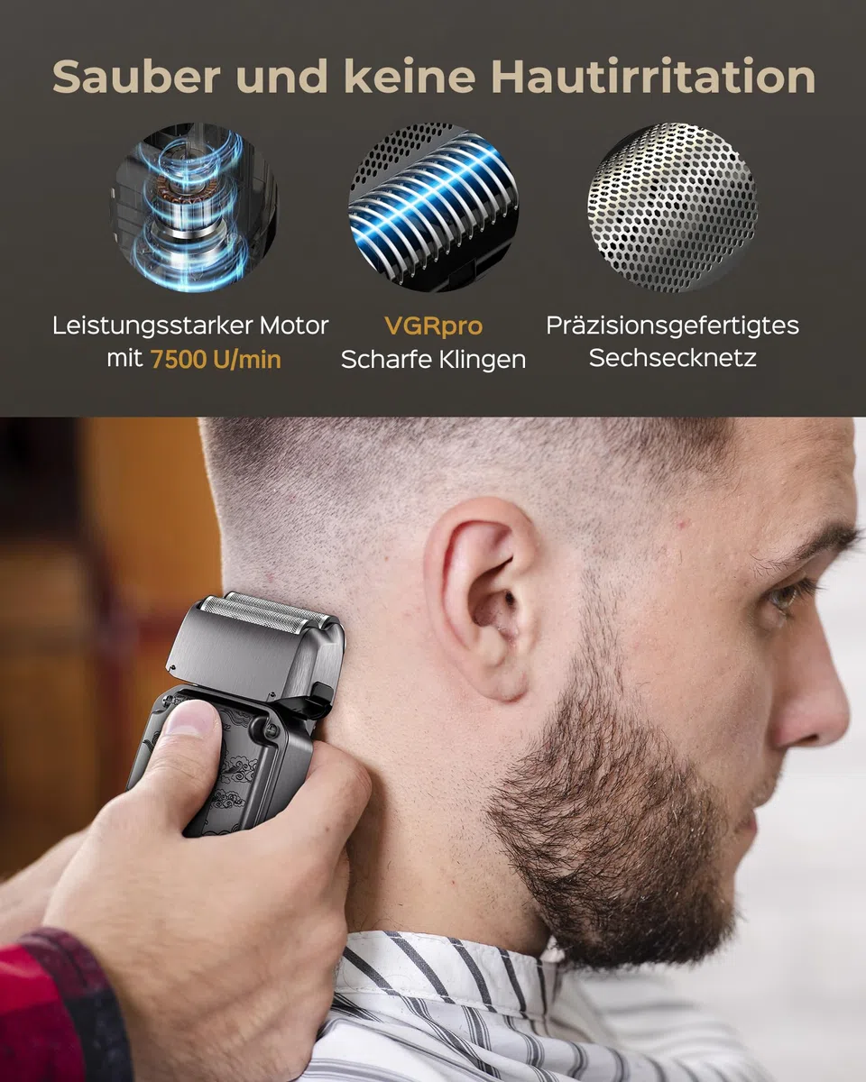 VGRPRO Haarschneidemaschine Profi Trimmer Set, Wasserdichtes Elektrorasierer Folienrasierer, Kabellos, 4-Gang-Einstellung, LED-Batterieanzeige