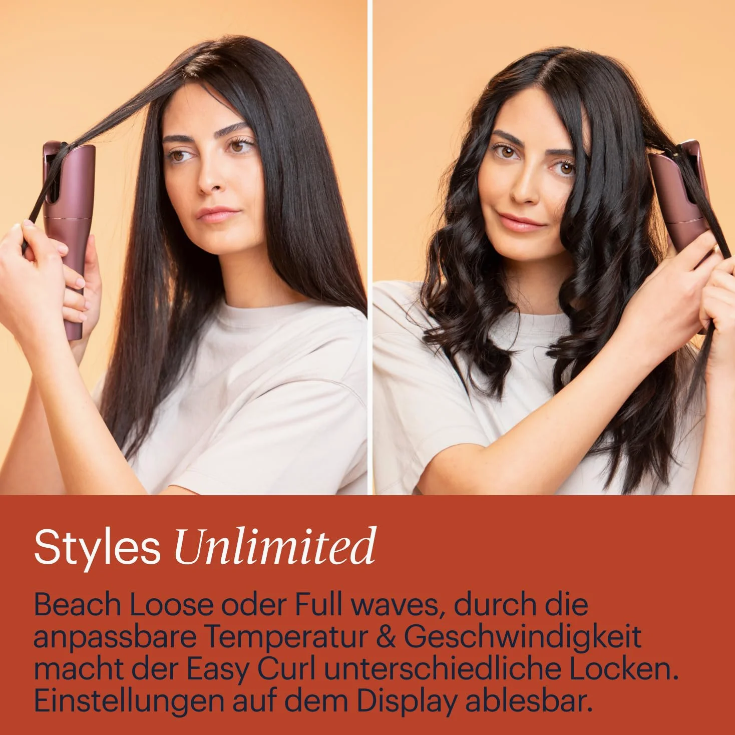 Grundig EasyCurl, automatischer Lockenstab, HS 6230, große und kleine Locken, lange und kurze Haare, kabellos, akkubetrieben, 3 Temperaturstufen, Keramikbeschichtung, Timer, LCD, Violett