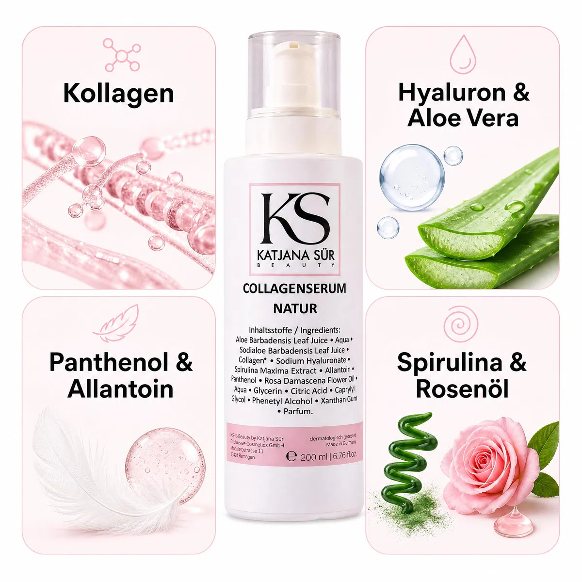 KS Beauty Collagen Serum Natur, Hyaluron & Aloe Vera, 200 ml | Feuchtigkeitsserum für Gesicht mit Rosenöl, Spirulina & Panthenol – dermatologisch getestet, Made in Germany