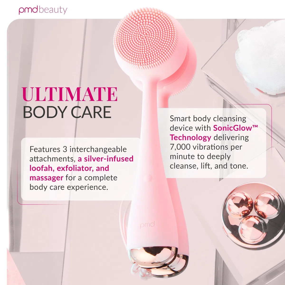 PMD Clean Body – Smart Body Reinigungsgerät mit Silikonbürste & drei austauschbaren Aufsätzen – Wasserdicht – SonicGlow Vibration – Reinigen, Peeling & Massage Körper – Rouge