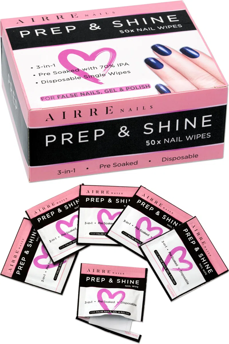AIRRE 50 Professionelle Alkohol Prep & Shine Nail Wipes (3in1) Alkoholtücher für Gelnägel, Acrylnägel, Press on Nails & Tips Entfernt klebrige Gelschichtrückstände, Bereitet UV/LED Gellack & Falsche