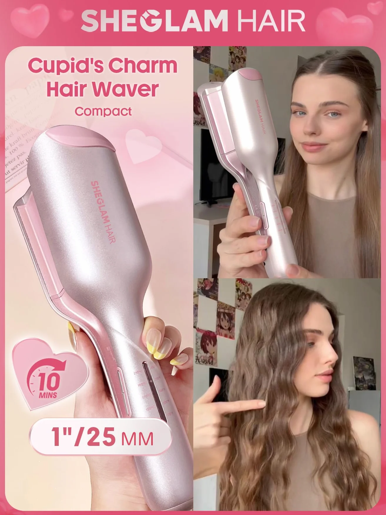 SHEGLAM Cupid's Charm Beach Babe Welleneisen für Haare 2 Barrel Kreppeisen mit Smart-Timer, einstellbarer Temperatur, Dual Voltage, Anti-Scald Lockenstab für Beach Waves & Mermaid Hair (25mm)