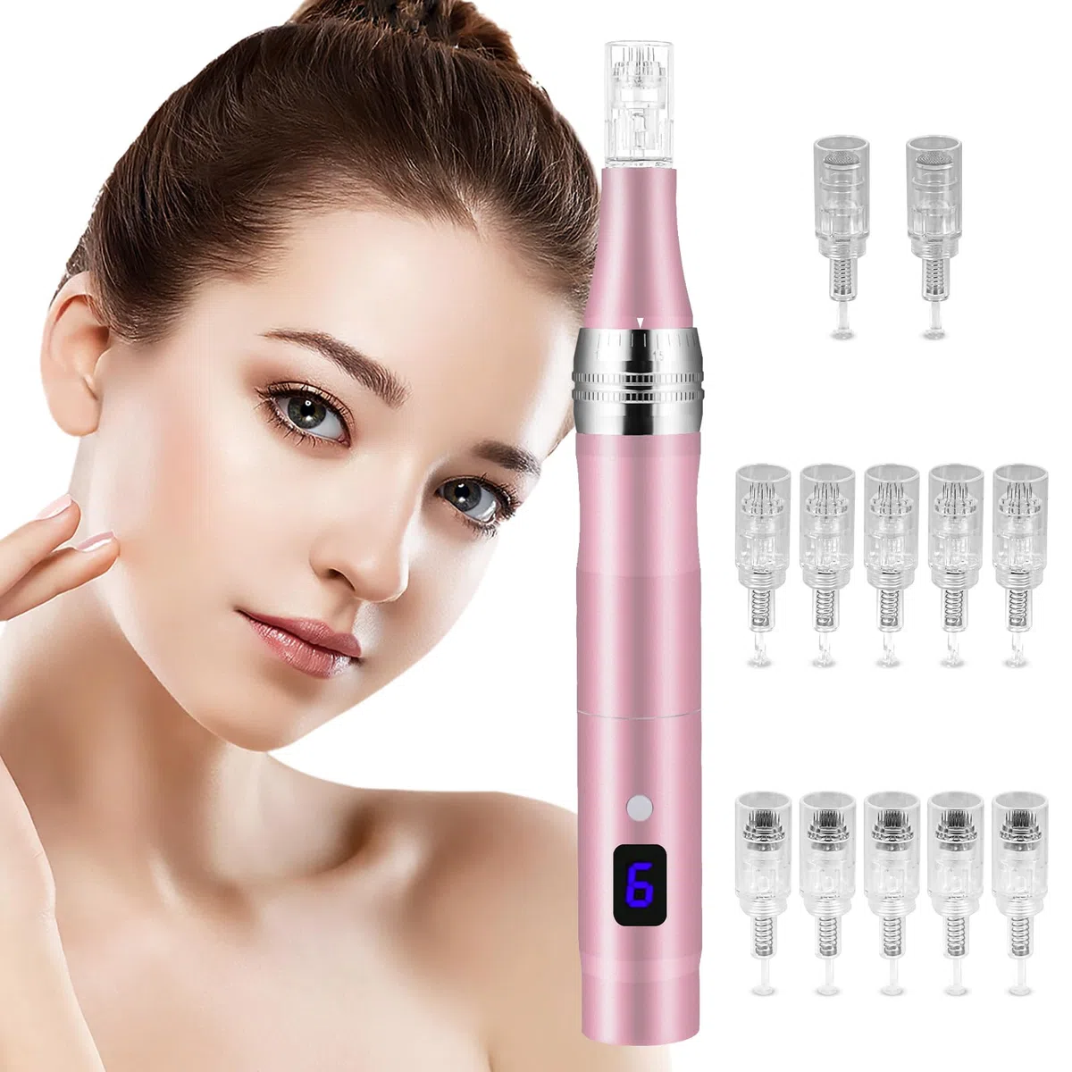 Vicloon Elektrisch Microneedling Pen, Drahtloser Elektrischer Dermapen Mikroneedling mit LCD Bildschirm und 5 Stufen, Einstellbar 0-2,5mm, Microneedle Haut Reparatur Tool (inkl.12 Nadelköpfe)-Rosa