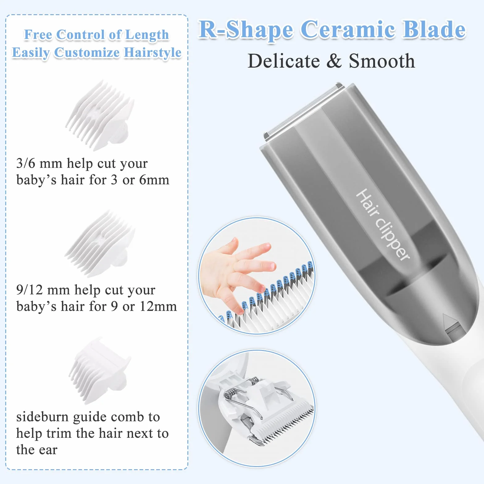 CARER SPARK Baby Haarschneider mit Vakuumfunktion, Leiser Akku-Trimmer für Kleinkinder Wasserdicht USB Wiederaufladbar Kinder Haarschneidemaschine mit 3 Führungskämmen Ideal für Babyhaarschnitte