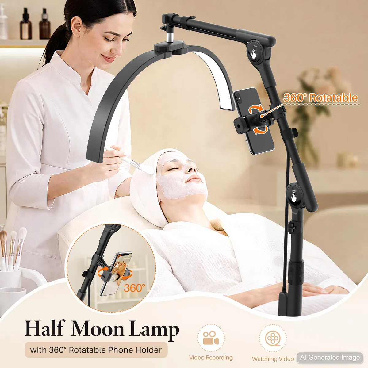 LED Halbmond Wimpern Lampe: 21in Faltbar Wimpernverlängerung Lampe mit 3 Dimmbaren Farben & Drehbar 360° - Verstellbar Wimpernlampe für Make-up Artists, Tätowierer, Salon, Zuhause, Schwarz