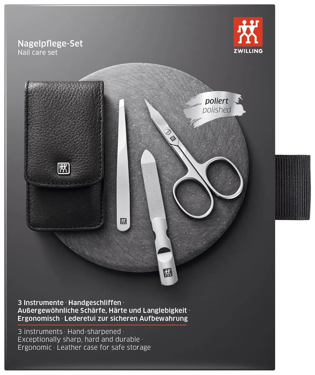 ZWILLING Maniküre-Set (3 teilig, Pediküreset für Nagelpflege und Nagelhautpflege, Leder, mit Nagelschere), Edelstahl Poliert, Schwarz