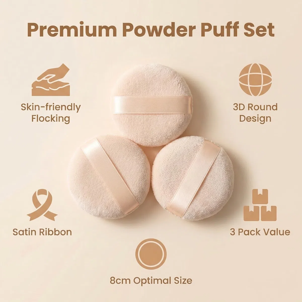 Runde Velour-Puderquasten mit Band, 8 cm, weicher Schwamm, Gesicht, Make-up, Kosmetik, loser Puderquaste, Foundation, Beauty-Werkzeug, 3 Stück (Beige)
