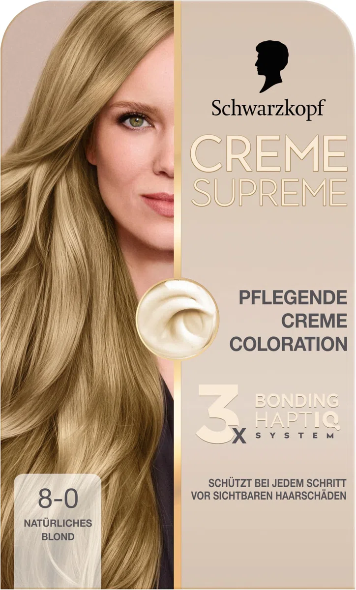 Schwarzkopf Creme Supreme Coloration 8-0 Natürliches Blond (4x182 ml), dauerhafte Haarfarbe mit Serum und Haar-Maske schützt vor sichtbaren Haarschäden, für 100% Grauabdeckung