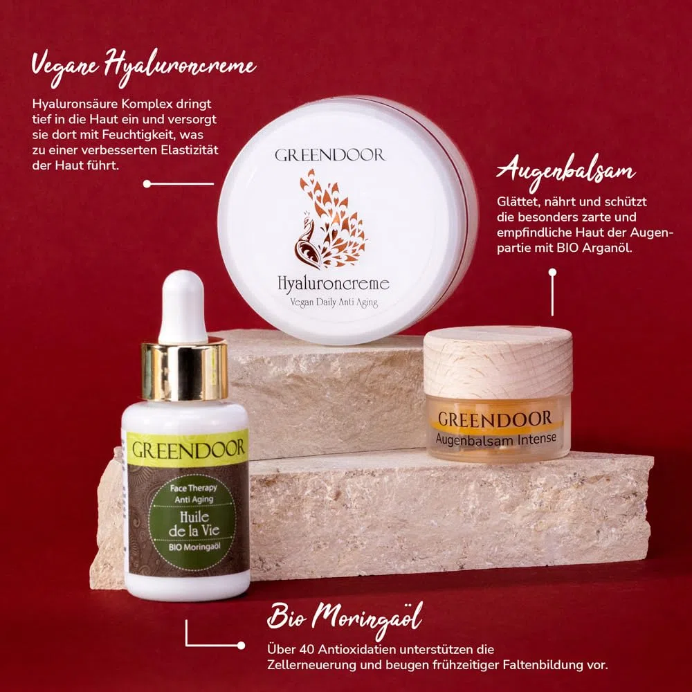 GREENDOOR Naturkosmetik Anti Aging Sparset, Hyaluron-Creme + Augenbalsam intense + Bio Moringaöl, spendet natürliche Feuchtigkeit, hilft Falten vorzubeugen