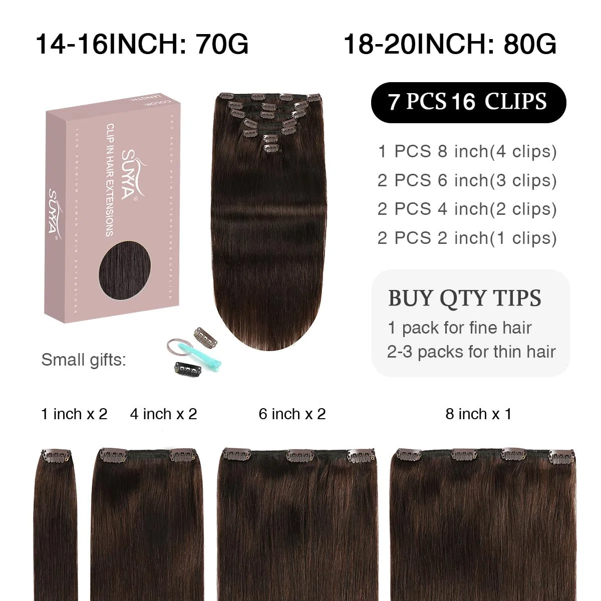 SUYYA Clip in Extensions Echthaar, Salon Remy Menschenhaar Extensions Echthaar Gerade Glatt Chthaar Extensions Clip Doppelt Genäht 14 Zoll 35cm 7 Stück 70G #2 Dunkel Braun