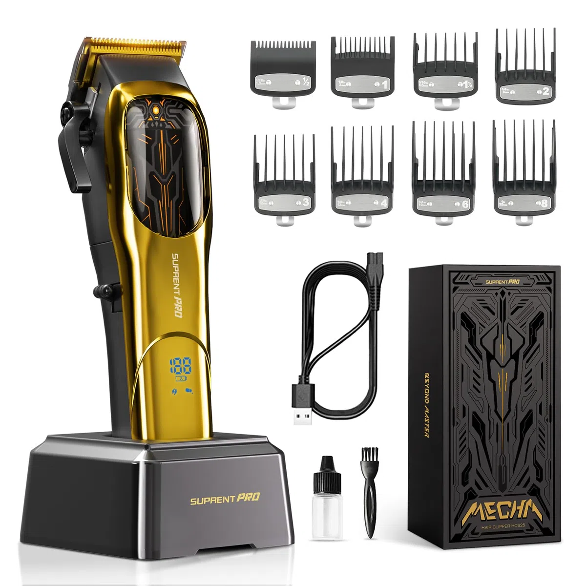 SUPRENT Tondeuse Profi Haarschneidemaschine, Haarschneider Herren Bürstenloser Motor mit Hohem Drehmoment & DLC-beschichteter Keramikklinge, Wiederaufladbar Haarschneider LED Display (Gold)