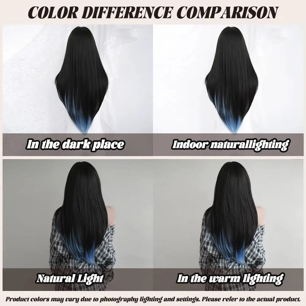 Haarpflege Lange Gerade Geschichtete Schwarze Blaue Perücke Für Frauen Bescheidene Wear and Go Perücken Mit Ordentlichem Pony