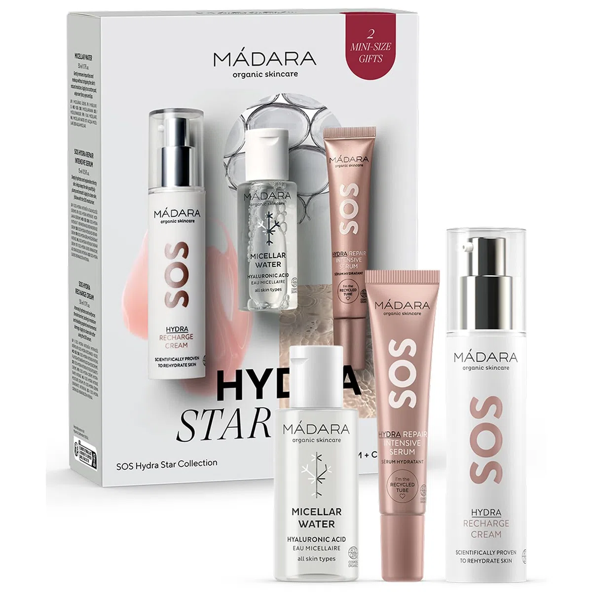 MÁDARA SOS HYDRA Star Collection Set – 3-teiliges Hautpflege Geschenkset mit Mizellenwasser 50 ml, Hydra Repair Serum 20 ml & Recharge Cream 50 ml – Feuchtigkeit & Pflege