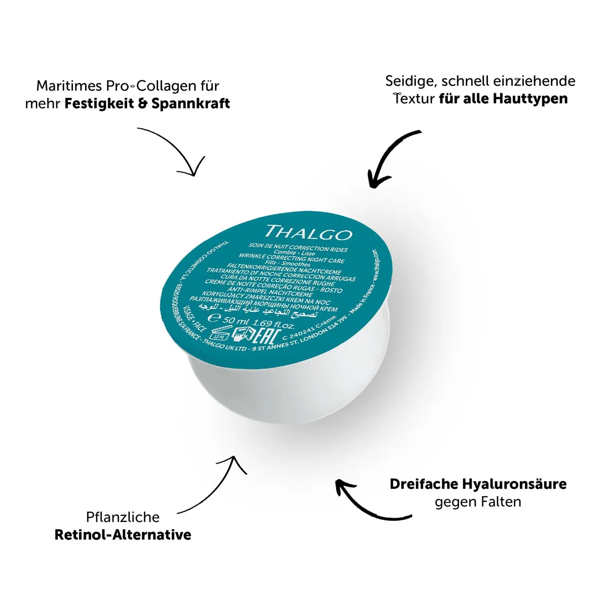 THALGO Hyalu-Procollagène Anti-Aging Creme 50 ml (Refill) – Faltenkorrigierende Gesichtscreme mit Hyaluron & Kollagen – Reichhaltige Tagespflege für Spannkraft – Pflanzliche Retinol Alternative