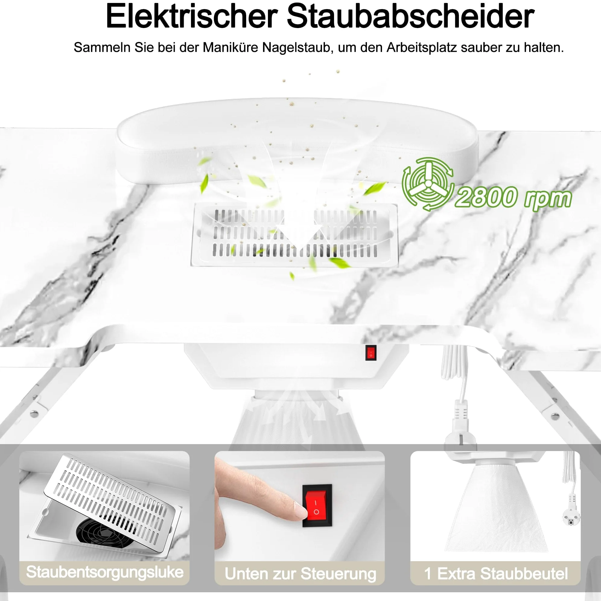 LARS360 Faltbarer Maniküretisch mit Absaugung, Nageltisch für Nagelstudio, beweglich mit Rollen, Weiß Maserung