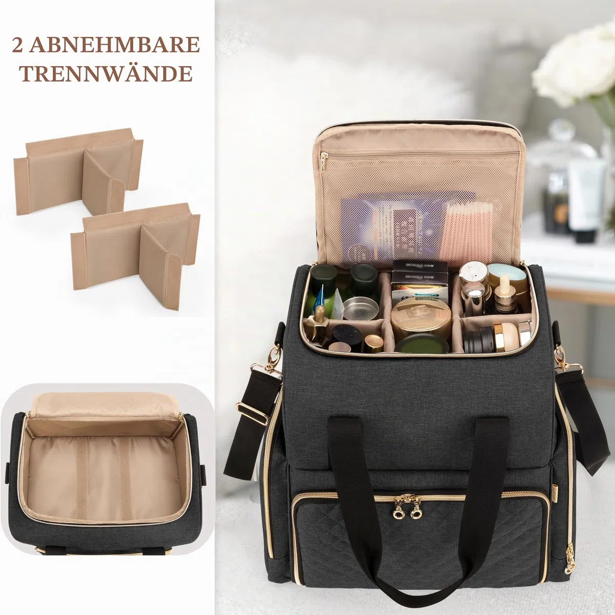 Luxja Kulturbeutel zum Tragen, Kulturtasche für Damen & Männer, Kosmetiktasche für Make up, Make Up Tasche Organizer, Kosmetikkofffer für Mädchen und Frauen, Schwarz