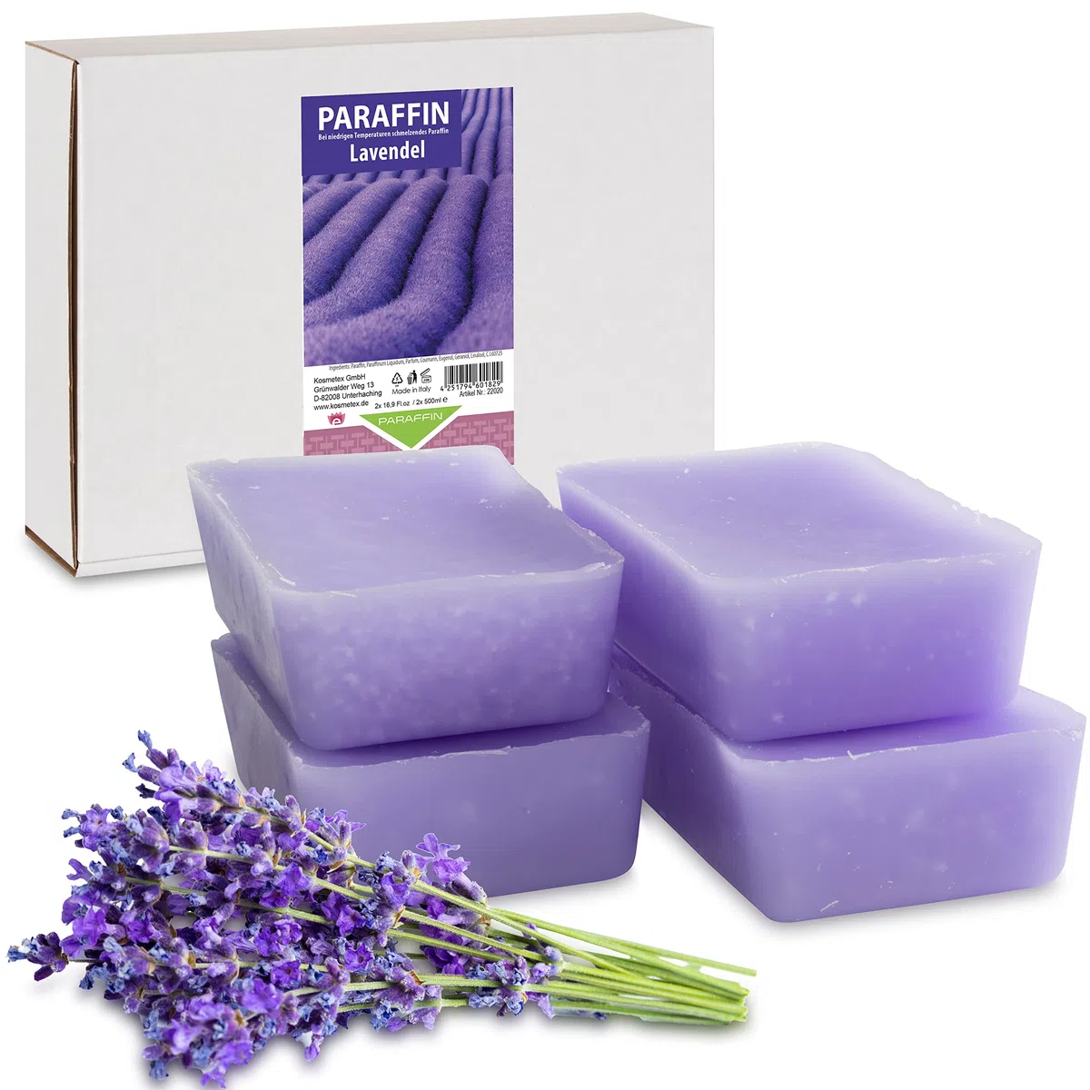 Kosmetex Wellness-Paraffinbad Lavender Lavendel – Paraffin-Entspannungsbad für Hände und Füße – Paraffinwachs – Paraffin-Block für Wachserwärmer (4x 500ml)