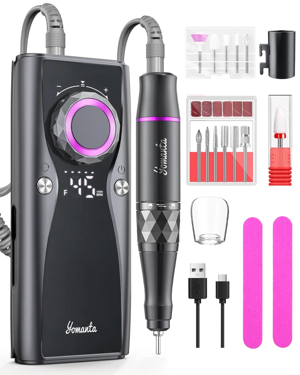 yomanta Nagelfräser Professionell set 45000 RPM Tragbare Elektrische Nagelfräser 10H+Batterielebensdauer Wiederaufladbar Nagelfräser für Gelnägel, LCD-Anzeige Einstellbare Drehrichtung