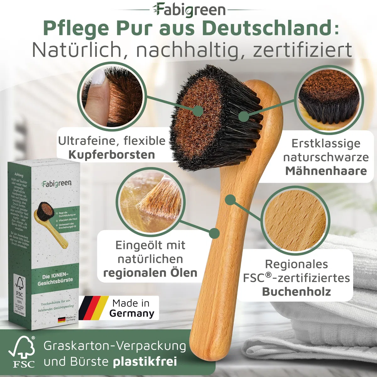 Gesichtsbürste Kupfer Original [MADE IN GERMANY] Peeling Trockenbürste Gesicht inkl. E-Book mit Face Yoga & Anwendungstipps Ionic face dry brush Klosterbürste FSC Buchenholz& plastikfrei