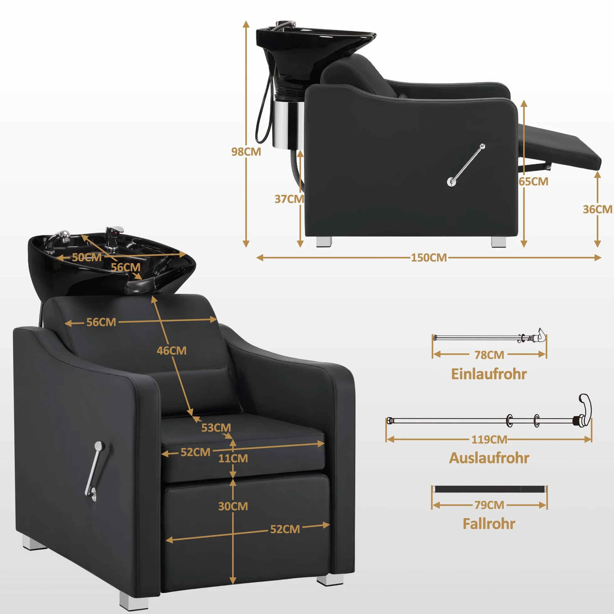 Barberpub Friseurstuhl mit Waschbecken, Klappbare Beinstütze, Friseurwaschbecken aus Keramik Verstellbar, Friseurwaschsessel für SPA Salon, Friseur Waschplatz W8675 (Schwarz)