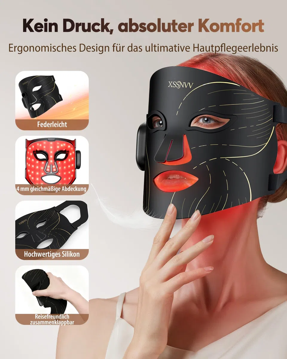LED Maske Gesicht, Kabellos Lichttherapie Gesichtsmaske 4 Modi | Anti-Aging, Hautklärung, Entzündungshemmend, Beruhigend, rote/blau LED, Aufladbar Rotlichtlampe Gesicht, Schönheitsgeschenke