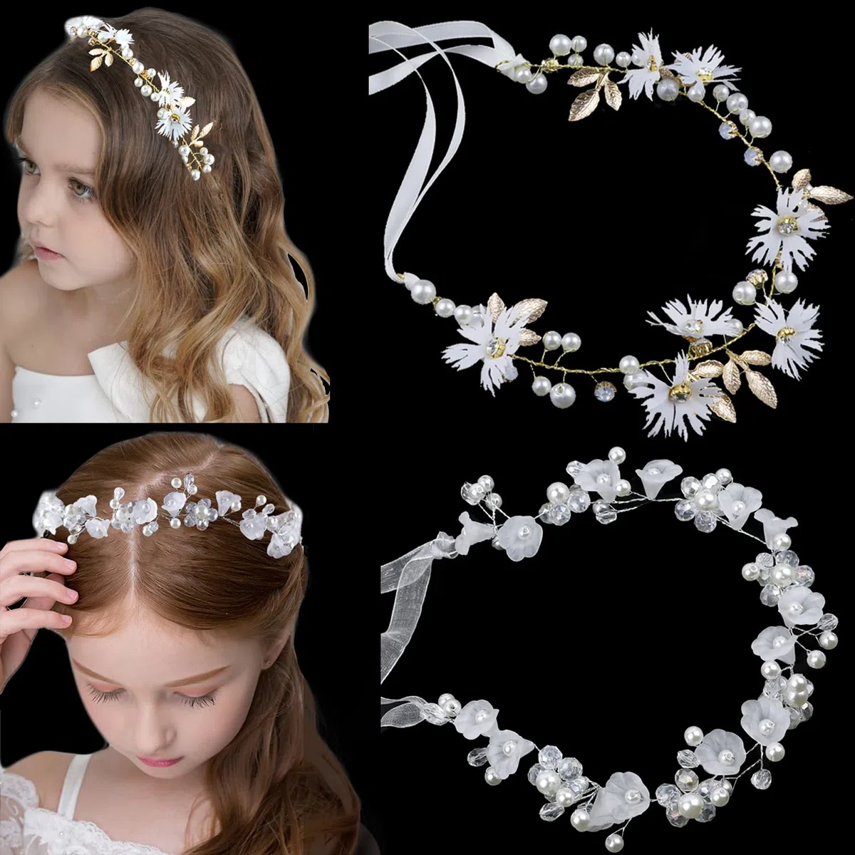 LAPOHI 2 Stück Hochzeit Blume Kopfschmuck für Mädchen, Blume Stirnband Fee Perle Blume Krone für Mädchen Braut Kristall Blume Tiara für Frauen Hochzeit