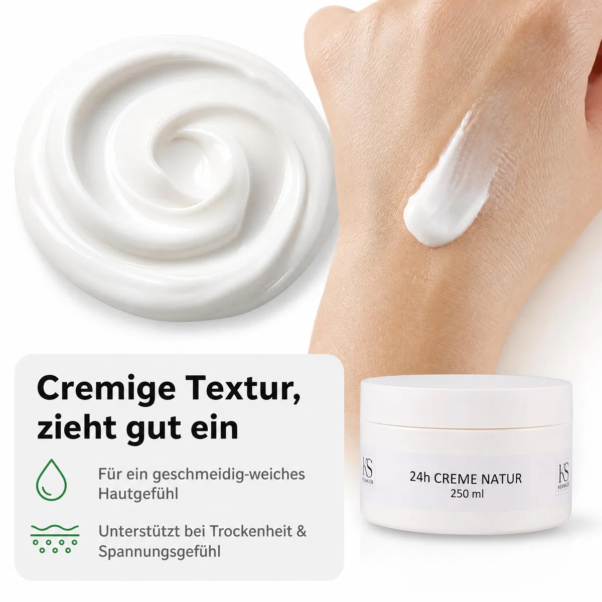 KS Beauty 24h Creme Natur – Tages- & Nachtcreme mit Aloe Vera, Kokosöl, Q10, Niacinamid & Vitamin E (250 ml)