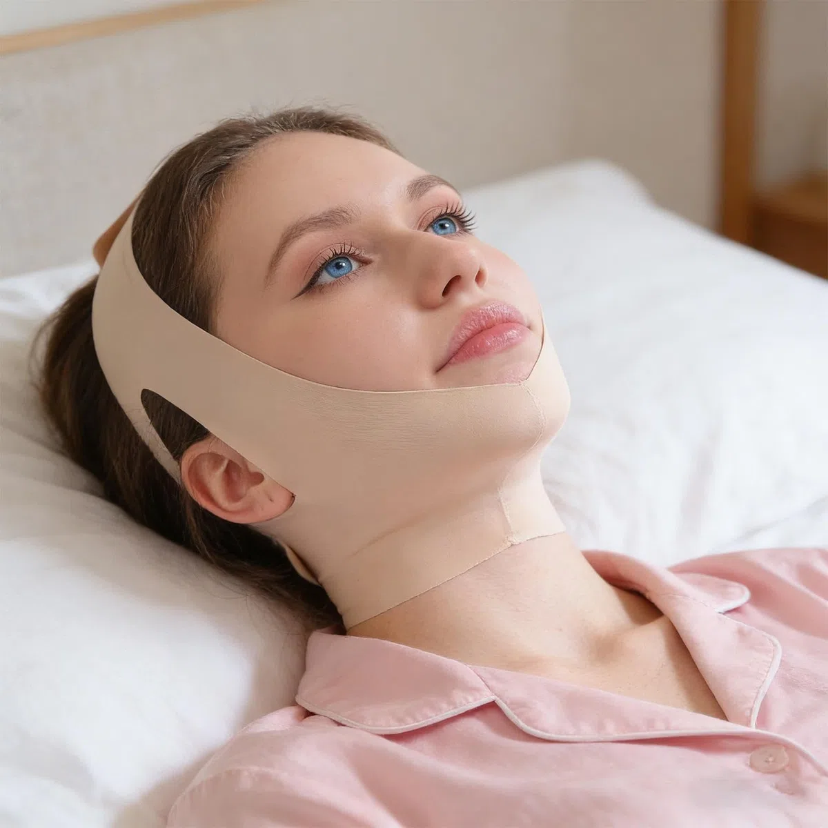 Skult C-ollagen Face-Sculpt Wrap, weiche und gleichmäßige Kompression, Beige, wiederverwendbare Gesichtsmaske, Kinnriemen, Kieferformung, straffende Gesichtsmaske, verstellbare Passform und Komfort