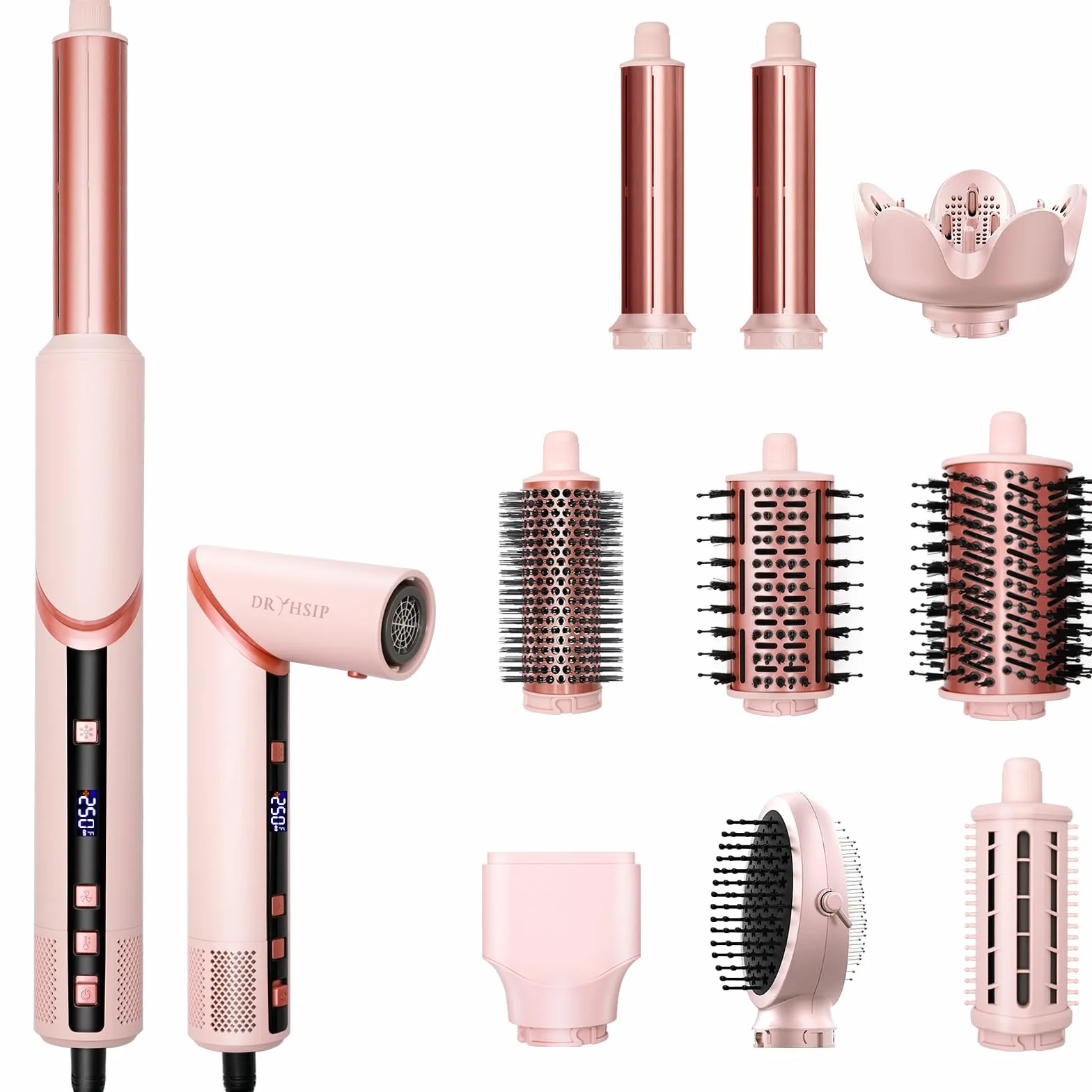 Dryhsip Warmluftbürste, 9 in 1 Hairstyler, Föhnbürste mit Ionen-Technologie, Airstyler mit Diffuser Haare Föhn Glätten,Lockenstab Automatisch, Haarglätter，Flex Temperaturen，Eurostecker