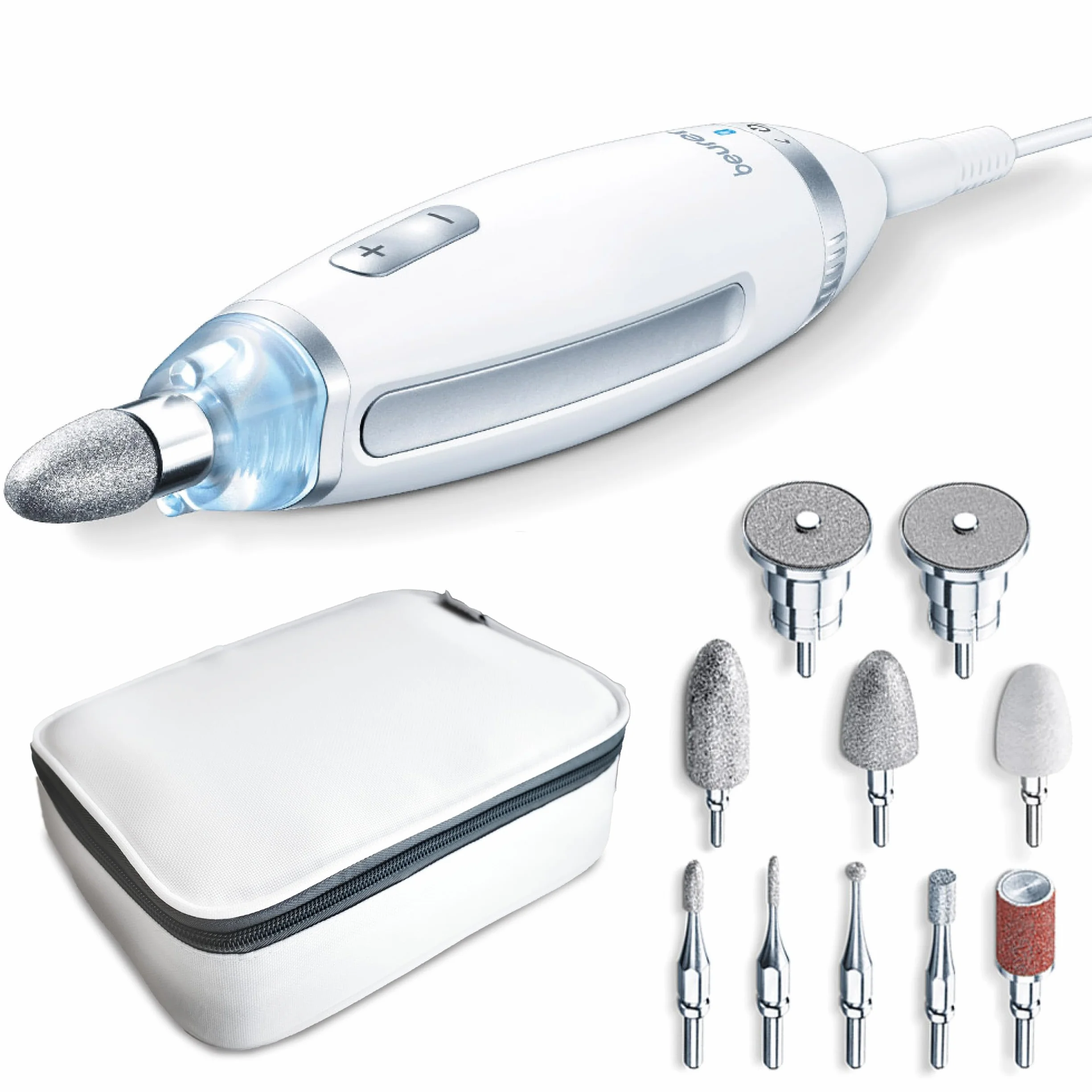 Beurer MP 62 Maniküre-/ Pediküre-Set, elektrische Nagelfeile mit 10 hochwertigen Nagelpflege-Aufsätzen, LED Licht, Nagelfräser mit stufenloser Geschwindigkeitsregelung, mit Aufbewahrungstasche, Weiß