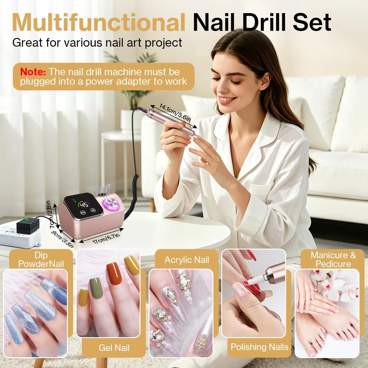 Cadrim Nagelfräser, 45000 U/min Nagelfräser für Gelnägel, Elektrische Nagelfeile Maniküre Pediküre Set mit LED-Display, Professionelle nagelfeile für Gelnägel und Acrylnägel (Roségold)