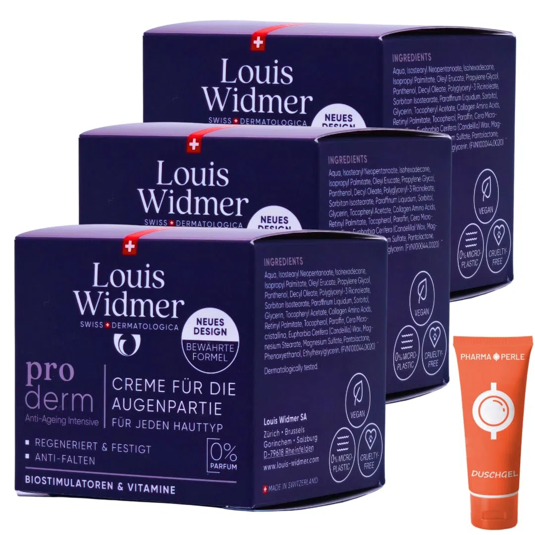 Louis Widmer proderm Creme für die Augenpartie unparfümiert 3x 30 ml I intensiv Anti-Ageing I Feuchtigkeit I regenerierend I für empfindliche Haut mit Panthenol I Spar-Set plus Pharma give-away