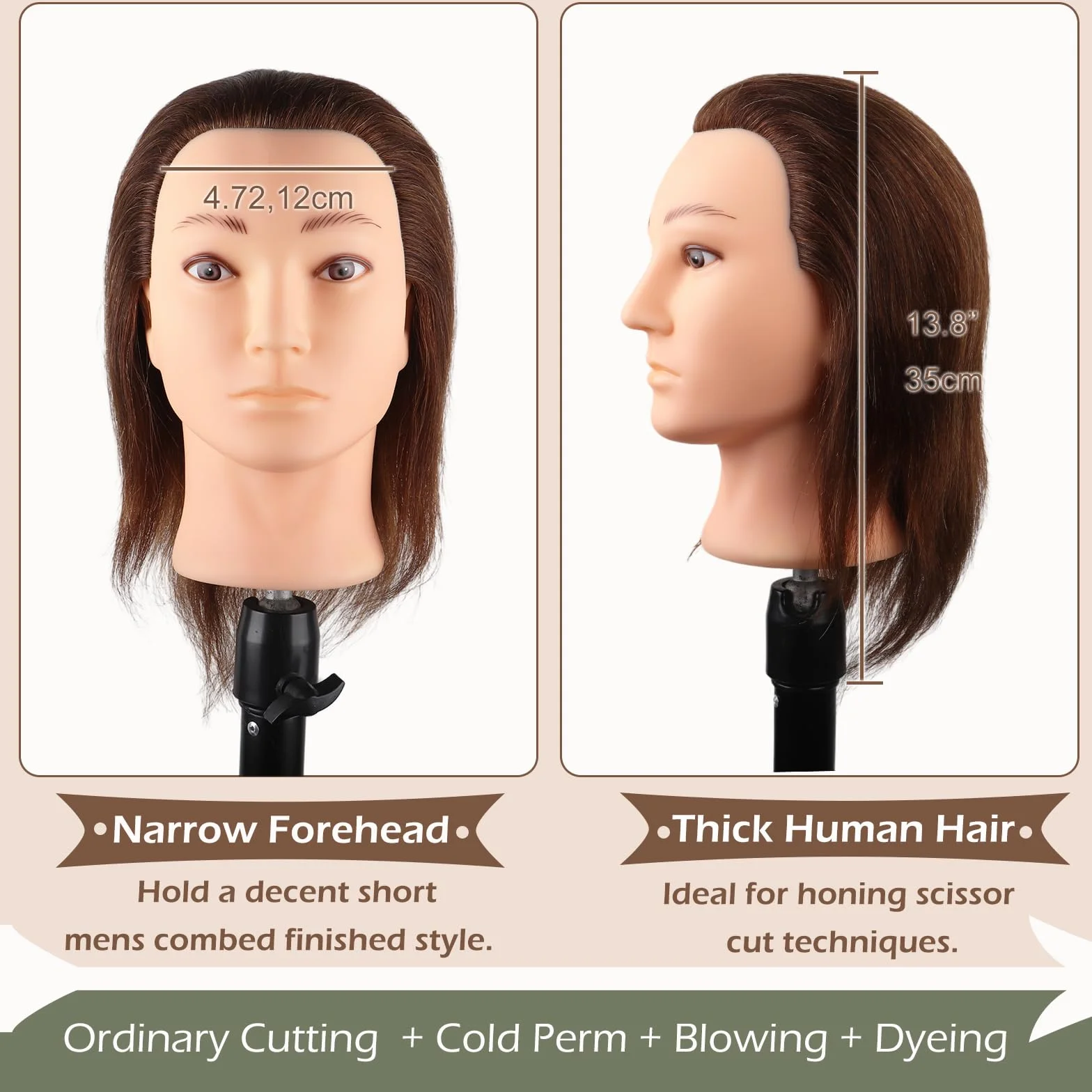 Mann Frisierkopf 100% Echthaar, Frisurenkopf Männlicher Haarschnitt Übungskopf mit Braun Haar, Friseur Kopf Mannequin Head Puppenkopf mit Tischklemme (35 cm)