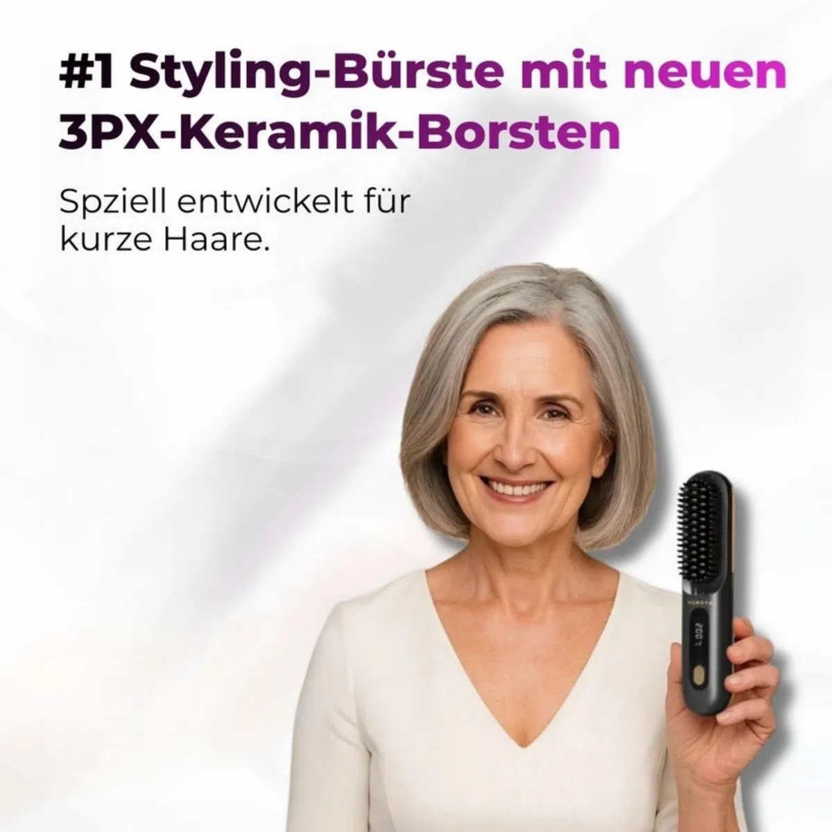 clinora Die ERSTE intelligente Syling-Bürste für kurzes Haar，Kabellose Glättbürste mit LED-Anzeige, 3 Temperaturstufen tragbare, wiederaufladbare Bürste Für Glätten und Locken
