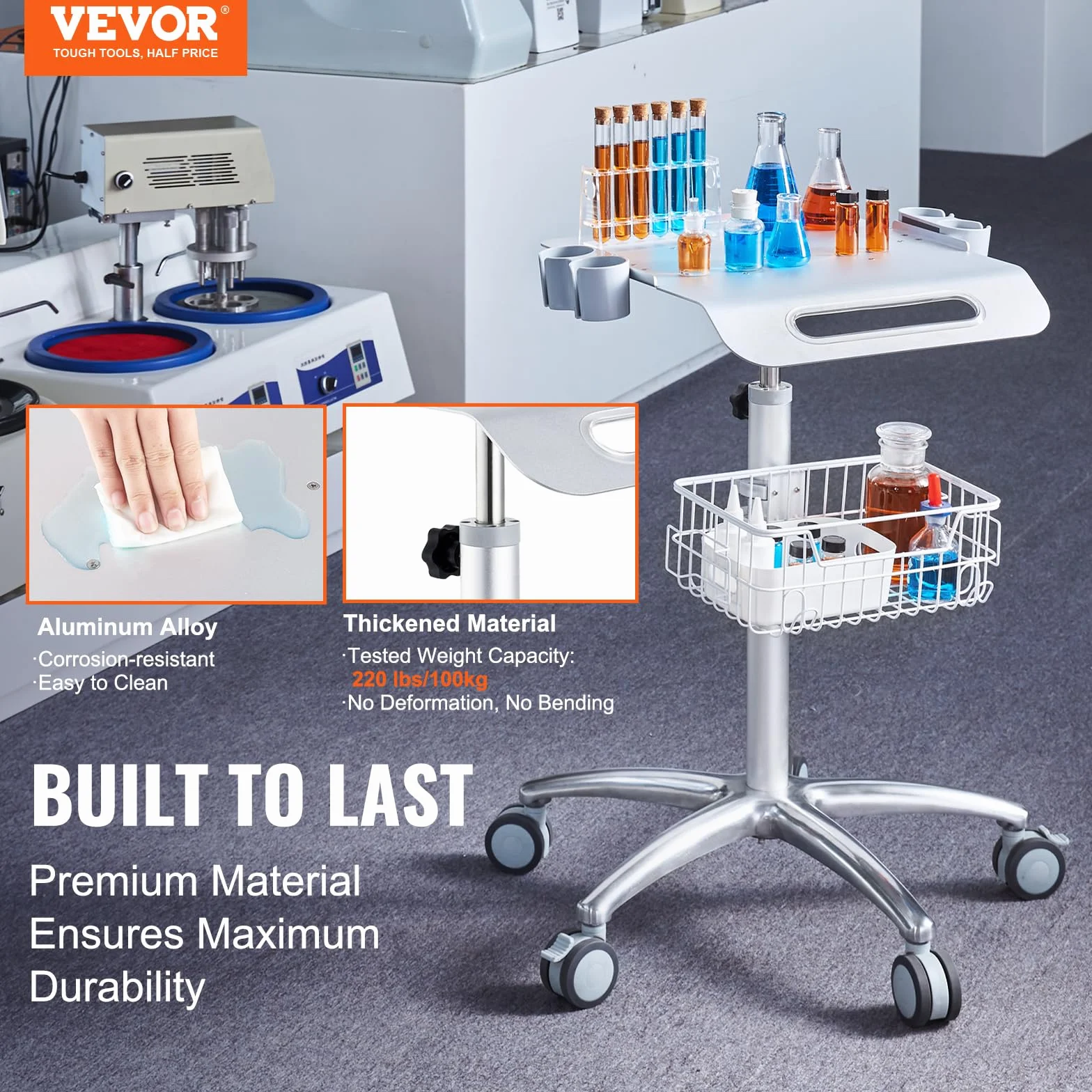 VEVOR Medizinischer Wagen, Salonwagen mit Rädern, Mobiler Rollwagen 68-109 cm Höhenverstellbar, Salonstationen aus Metall für Friseure, Rollender Desktop-Laborwagen für Klinik, Schönheit und Salon