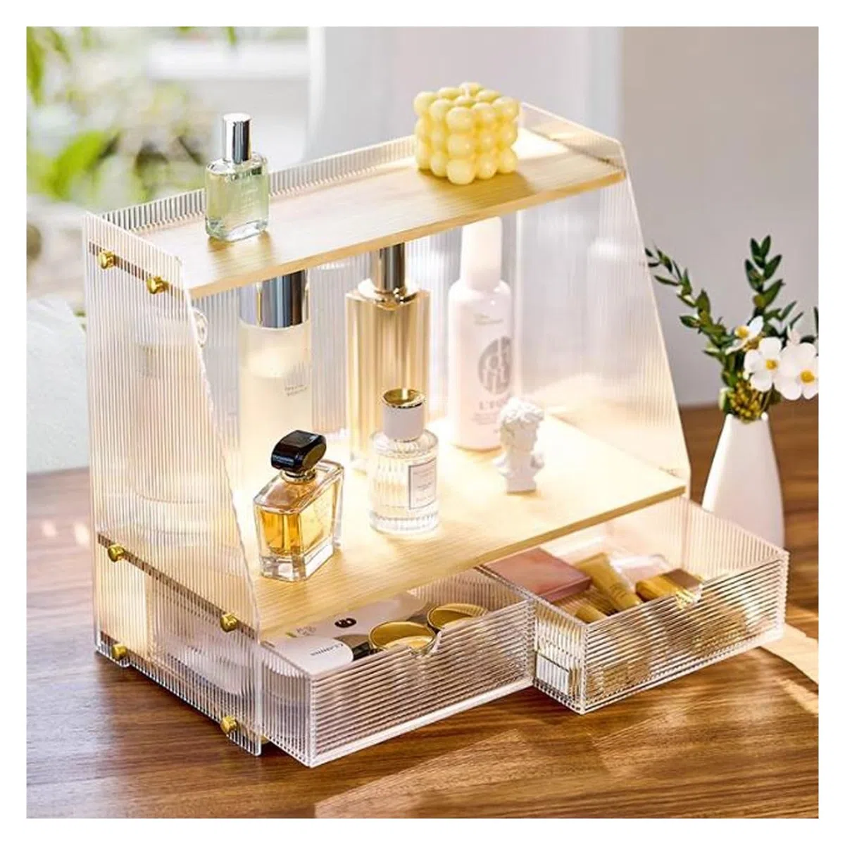 Make-up-Box Klare Make-up-Organizer-Box aus Acryl, Aufbewahrungsvitrine for Hautpflege- und Kosmetikprodukte mit 2 Schubladen, Make-up-Ständer for Schmuck, Haar-Accessoires, Organisation von Schönheit