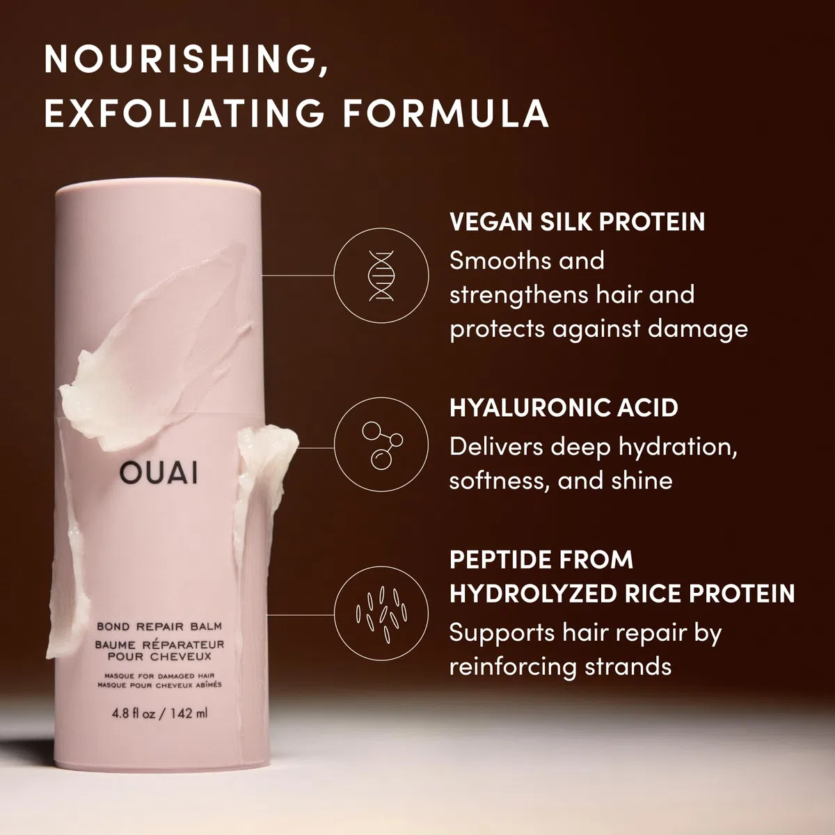 OUAI Bond Repair Balm - Haarreparatur-Treatment für geschädigtes Haar, Spliss + Haarbruch - 3-Minuten Bond Builder für coloriertes Haar - Melrose Place Duft - 142 ml